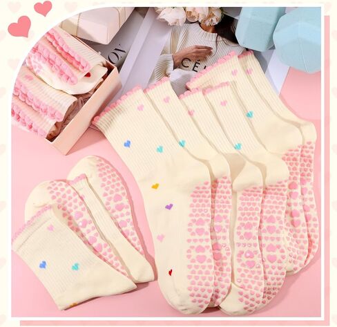 DERTE 6 Pairs Non Slip Pilates Socks for Women Cotton Grip Yoga Sock with Ruffle Cuff Cute Heart Grippy Socks for Barre Ballet Home Workouts in Kuwait