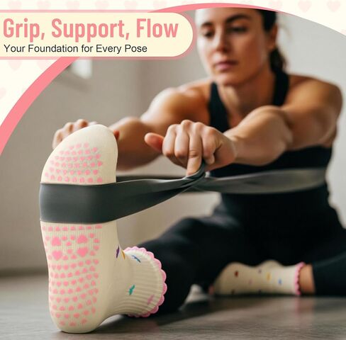 DERTE 6 Pairs Non Slip Pilates Socks for Women Cotton Grip Yoga Sock with Ruffle Cuff Cute Heart Grippy Socks for Barre Ballet Home Workouts in Kuwait