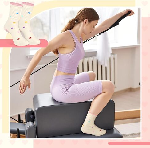 DERTE 6 Pairs Non Slip Pilates Socks for Women Cotton Grip Yoga Sock with Ruffle Cuff Cute Heart Grippy Socks for Barre Ballet Home Workouts in Kuwait