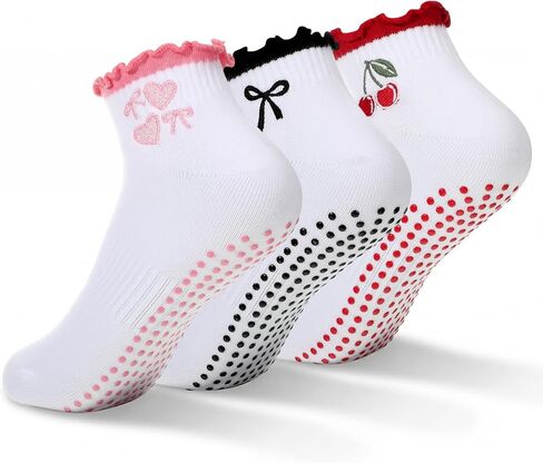 JenPen 3 Pairs Cute Pilates Grip Socks for Women Non Slip Ruffle Ankle Socks Embroidery for Yoga Barre Workout in Saudi Arabia