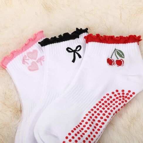 JenPen 3 Pairs Cute Pilates Grip Socks for Women Non Slip Ruffle Ankle Socks Embroidery for Yoga Barre Workout in Saudi Arabia