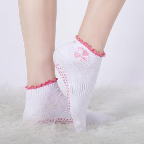 JenPen 3 Pairs Cute Pilates Grip Socks for Women Non Slip Ruffle Ankle Socks Embroidery for Yoga Barre Workout in Saudi Arabia