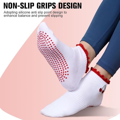 JenPen 3 Pairs Cute Pilates Grip Socks for Women Non Slip Ruffle Ankle Socks Embroidery for Yoga Barre Workout in Saudi Arabia