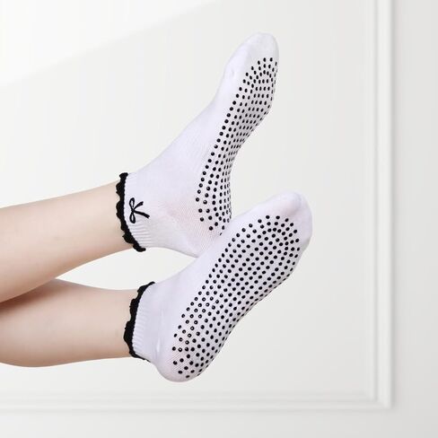 JenPen 3 Pairs Cute Pilates Grip Socks for Women Non Slip Ruffle Ankle Socks Embroidery for Yoga Barre Workout in Saudi Arabia