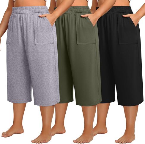 Neer 3 عبوات نسائية مقاس كبير من القطن Capris بنطال رياضي قصير بأرجل واسعة وخصر مطاطي غير رسمي فضفاض مناسب للاستراحة مع جيب in Saudi Arabia