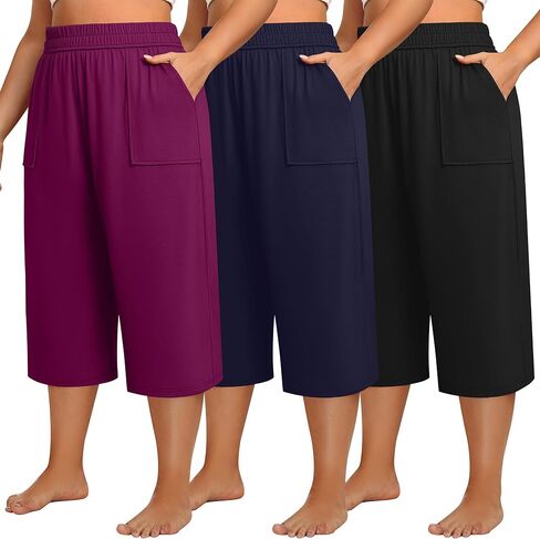 Neer 3 Pack Women Plus Size Capris Cotton Wide Leg Cropped Pants Casual Elastic Waist Loose Fit Lounge Sweatpants with Pocket in Saudi Arabia