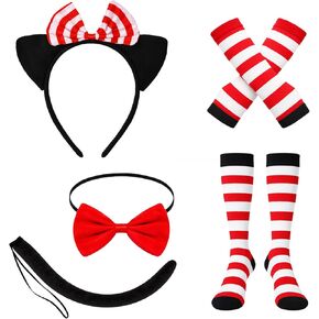 5 Pcs Cat Costume with Cat Ears Headband, Bow Tie, Gloves, Socks and Tail for World Book Day Halloween Dress Up Red in Saudi Arabia