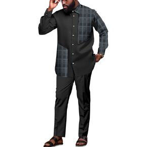 بدلة أفريقية للرجال Dashiki Kente قميص سروال 2 قطعة مجموعة ملابس ملابس ملابس الزفاف النيجيرية in Kuwait