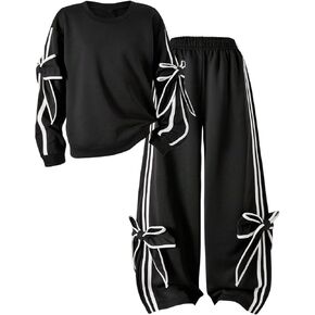 Girl's Two Piece Bow Tie Sweatsuit Long Sleeve Striped Sweatshirt Baggy Sweatpants Clothing Set in Saudi Arabia