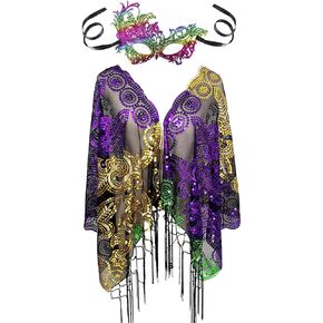Mardi Gras Shawl Scarf Wrap Costume and Mask Sequin Mardi Gras Poncho Outfit for Women Carnival Masquerade Party in Kuwait