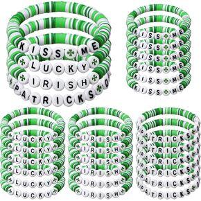 24 Pcs St. Patrick's Day Bracelet for Women Clay Lucky Irish Shamrock Beaded Bracelets Bulk for Party Decor Gifts in Saudi Arabia