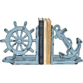 Anchor Bookends Decorative, Anchor and Nautical Ship Wheel Bookends Set,Heavy Duty Cast Iron Book Holder, Book Ends for Shelves Living Room Home Office, Antique Blue, 1 Pair/2Pieces (Antique White) in Saudi Arabia