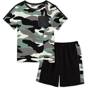 ملابس الأولاد التمويه تي شيرتات قصيرة الأكمام والسراويل مجموعات ملابس الاطفال الأولاد ملابس الصيف لمدة 5-12 سنة in Kuwait