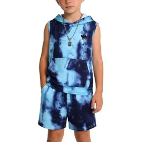 6-12 سنة الأولاد 2 قطعة الزي بلا أكمام التعادل صبغ هوديي تي شيرت و مجموعة السراويل القصيرة الأولاد ملابس الصيف الشاطئ in Kuwait