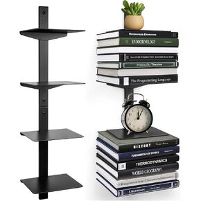 Floating Book Shelves for Wall, 4 Tier Invisible Floating Bookshelf, Vertical Spine Book Tower, Wall Mounted & Space Saving, Heavy Duty Metal Book Organizer for Home Office, 2 Pack White in Kuwait