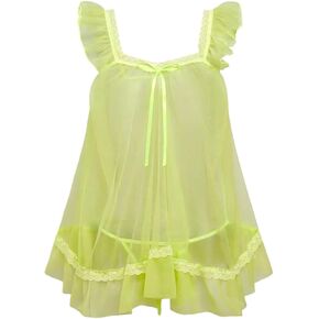 Women's 2 Piece Lace Mesh Babydoll Lingerie Set Sheer Chemise Nightgowns with Thongs Sleepwear in Saudi Arabia