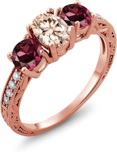 Gem Stone King 1.97 قيراط بيضاوي خوخ مورجانيت عقيق رودوليت أحمر ومويسانيت خاتم فضة مطلي بالذهب الوردي عيار 18 قيراط | جوهرة الميلاد الأحجار الكريمة | بيضاوي 7 × 5 مم ومستدير 5 مم in Saudi Arabia