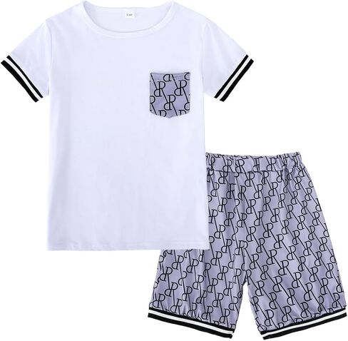 طقم ملابس صيفي للأولاد مكون من قطعتين بطبعة حروف، تي شيرت بأكمام قصيرة وشورت بخصر مطاطي in Kuwait