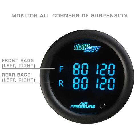 طقم قياس ضغط الهواء رباعي GlowShift 10 ألوان رقمي 200 رطل لكل بوصة مربعة - يشتمل على أجهزة استشعار إلكترونية - شاشة LED متعددة الألوان - عدسة ملونة - لتعليق الركوب الهوائي - 2-1/16 بوصة (52 مم) in Saudi Arabia