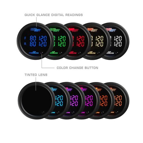 طقم قياس ضغط الهواء رباعي GlowShift 10 ألوان رقمي 200 رطل لكل بوصة مربعة - يشتمل على أجهزة استشعار إلكترونية - شاشة LED متعددة الألوان - عدسة ملونة - لتعليق الركوب الهوائي - 2-1/16 بوصة (52 مم) in Saudi Arabia