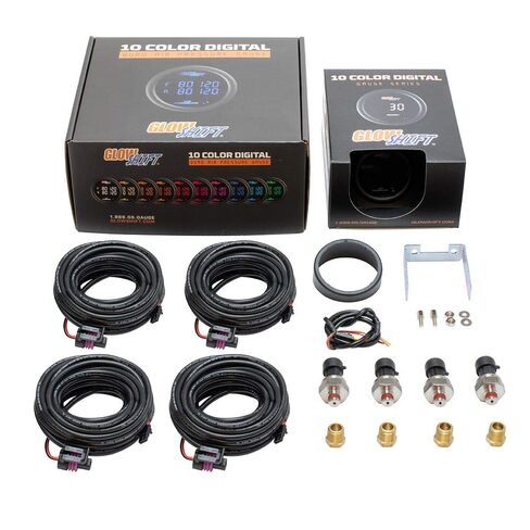 طقم قياس ضغط الهواء رباعي GlowShift 10 ألوان رقمي 200 رطل لكل بوصة مربعة - يشتمل على أجهزة استشعار إلكترونية - شاشة LED متعددة الألوان - عدسة ملونة - لتعليق الركوب الهوائي - 2-1/16 بوصة (52 مم) in Saudi Arabia