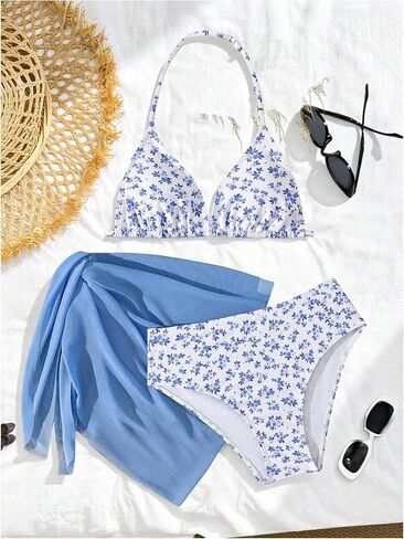 Verdusa Girl's 3 Piece Floral Halter Bikini Sets Thong Bathing Suit with Cover Up Skirts in Saudi Arabia