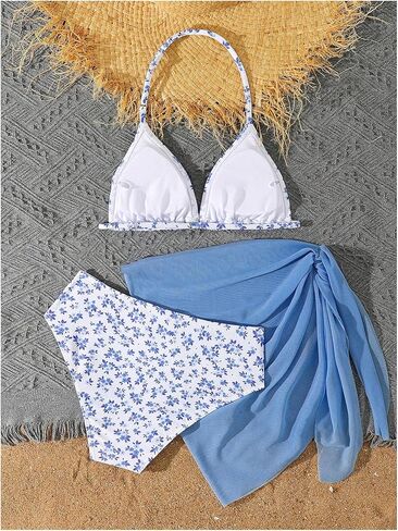 Verdusa Girl's 3 Piece Floral Halter Bikini Sets Thong Bathing Suit with Cover Up Skirts in Saudi Arabia