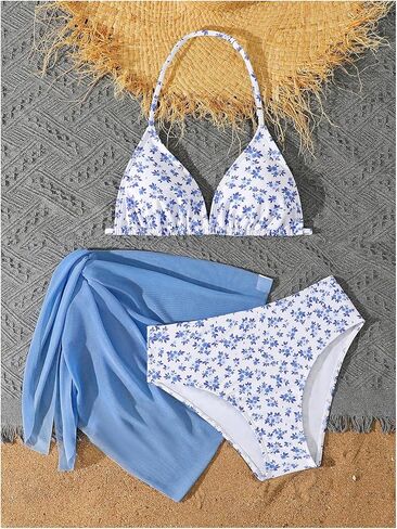 Verdusa Girl's 3 Piece Floral Halter Bikini Sets Thong Bathing Suit with Cover Up Skirts in Saudi Arabia