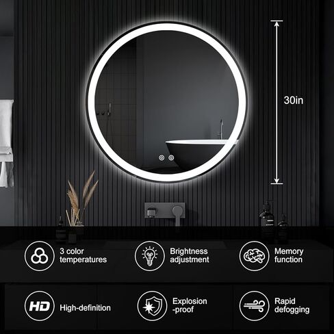 DUMOS 30 Inch Round LED Bathroom Mirror with Lights, Circle Vanity Mirror with Anti-Fog, Dimmable, 3-Color Light, Memory Function, Tempered Glass in Kuwait