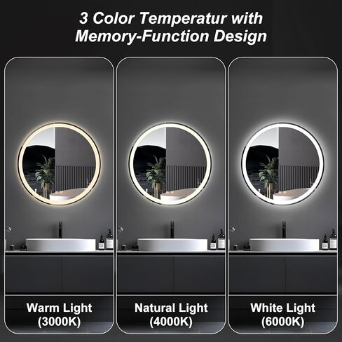 DUMOS 30 Inch Round LED Bathroom Mirror with Lights, Circle Vanity Mirror with Anti-Fog, Dimmable, 3-Color Light, Memory Function, Tempered Glass in Kuwait