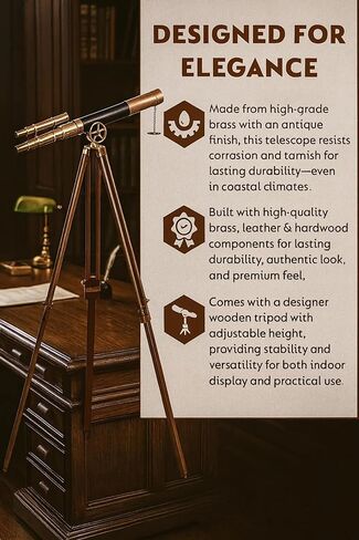 Antique Brass Refractor Telescope on Wooden Tripod, Decorative Brass & Wood Nautical Telescope. in Saudi Arabia