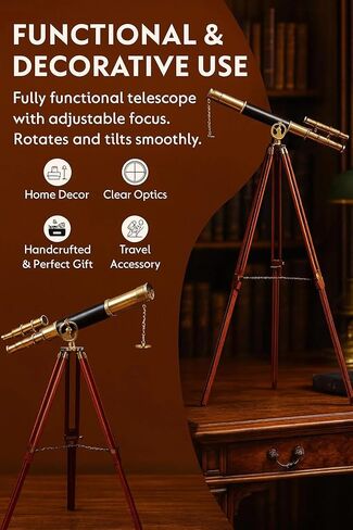 Antique Brass Refractor Telescope on Wooden Tripod, Decorative Brass & Wood Nautical Telescope. in Saudi Arabia