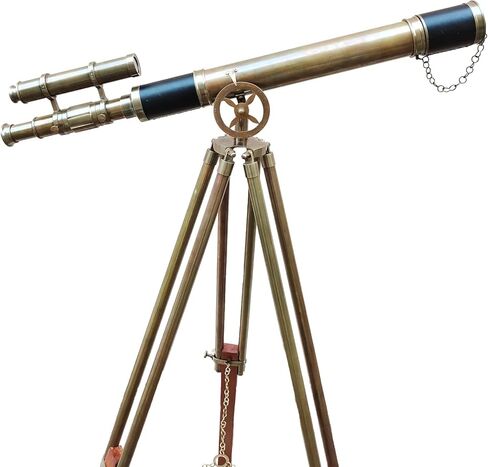 Handcrafted Antique Brass Telescope – Double Barrel Marine Navy Style with Wooden Tripod for Living Room & Office Decor in Saudi Arabia