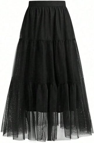 Women's Black Tulle Tiered Maxi Skirt - Sheer Layered High-Waisted Flowy Elegant Casual Evening Long Skirt in Saudi Arabia