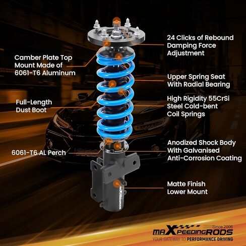 maxpeedingrods Coilover لـ Ford Mustang S-197 2005-2014، لـ Ford Mustang GT S-197 2005-2014، طقم تعليق Coilovers قابل للتعديل بـ 24 مستوى، طقم خفض مطور T6 قابل للتعديل باللون الأزرق in Kuwait