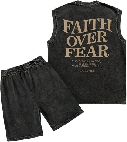 WDIRARA Men's Sleeveless 2 Piece Outfits Letter Graphic Tank Tracksuit Workout Gym Shorts Set in Saudi Arabia