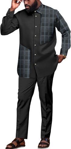 بدلة أفريقية للرجال Dashiki Kente قميص سروال 2 قطعة مجموعة ملابس ملابس ملابس الزفاف النيجيرية in Kuwait