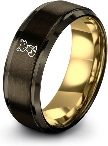Fox Ring - Gift for Nature Fans - 8mm - Flat Dome Bevel - Brushed Polished - Band - Yellow Rose Gold Black Gunmetal Silver - Men Women - Tungsten - Anniversary Wedding - Personalized Custom Engraving in Saudi Arabia