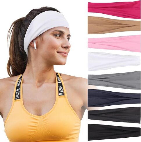 عصابات رأس للنساء - 8 عبوات من أربطة شعر مرنة واسعة، عصابات رأس ناعمة قابلة للتمدد وغير قابلة للانزلاق للتمرينات واليوجا وغسل الوجه والارتداء اليومي in Kuwait