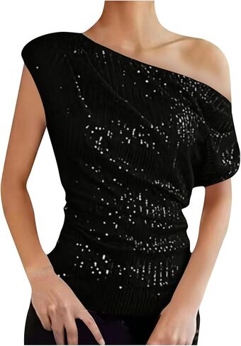 Women's One Shoulder Glitter Sequins Shirts Top Ruched Short Sleeve Sparkle Shimmer Evening Cocktail Party Attire in Saudi Arabia