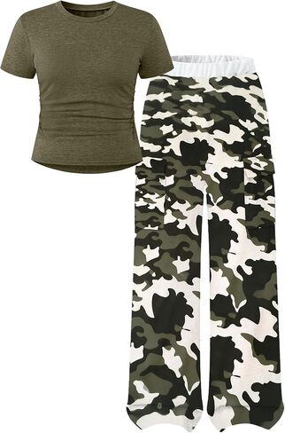 Girls Clothes 2PC Summer Outfits Pleated Short Sleeve Top and Camo Wide Leg Pants Set Kids Clothes Girls 6-16 Year in Saudi Arabia