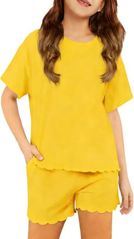 Girls Two Piece Sets Embroidery Ruffled Short Sleeve Tshirts & Shorts With Pockets Summer Outfits Size 5-14 Years in Saudi Arabia