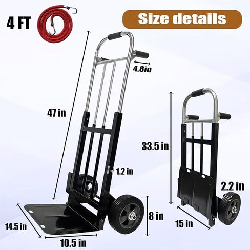 800 LB Dolly Cart with 8" Solid Rubber Wheels, Heavy Duty Folding Hand Truck Dolly with Bungee Cords, Compact Foldable Alloy Steel Design for Warehouses, Homes, Offices, and Small Business in Kuwait