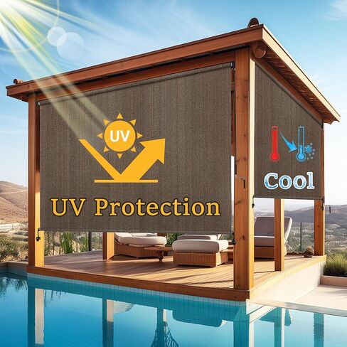 Patio Shades Roll Up Blinds with 90% UV Blockout, Outdoor Roller Shade for Patio 12FT Wide x 8 H, Cordless Sun Shade Cloth Roll for Pergola, Porch, Wheat in Saudi Arabia
