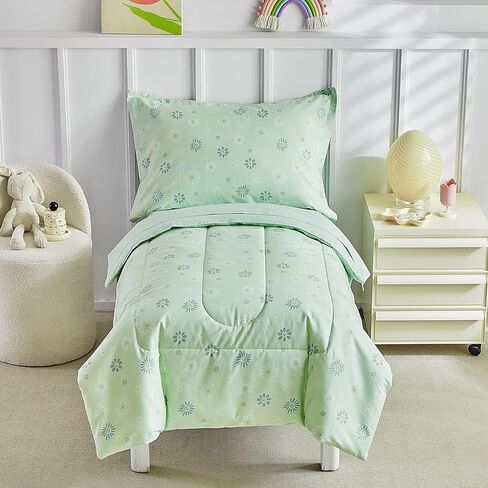 DuShow طقم سرير أطفال قطني مكون من 4 قطع للفتيات، طقم لحاف وردي للأطفال في حقيبة، طقم ملاءات سرير أطفال قابلة للعكس مع نمط حيواني، يشمل لحاف، ملاءة مسطحة، ملاءة جاهزة، كيس وسادة in Kuwait