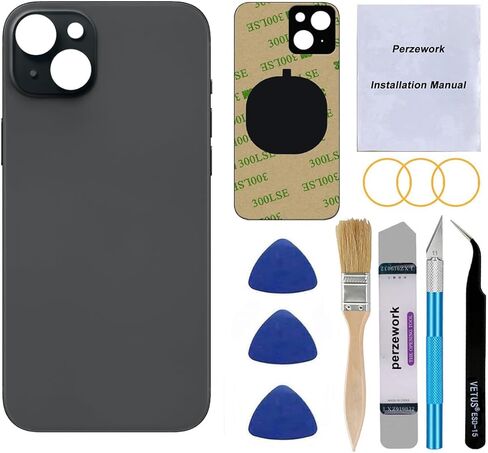 استبدال الزجاج الخلفي الخلفي من شركة Perzework OEM لهاتف iPhone 15 مقاس 6.1 بوصات مع مجموعة أدوات إصلاح ولاصق مثبت مسبقًا (أسود) in Kuwait