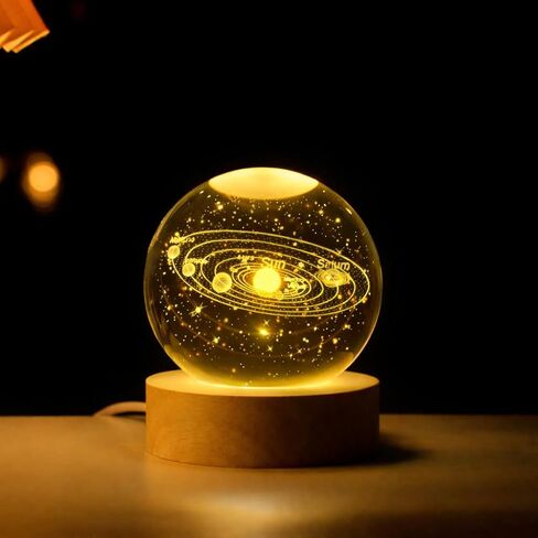 كرات كريستال ثلاثية الأبعاد للنظام الشمسي مع قاعدة إضاءة خشبية، مصباح زجاجي على شكل كوكب الكون ضوء ليلي، هدية مصباح ديكور لعيد الميلاد للبالغين والأطفال والأولاد والبنات والمراهقين in Kuwait