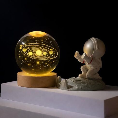 كرات كريستال ثلاثية الأبعاد للنظام الشمسي مع قاعدة إضاءة خشبية، مصباح زجاجي على شكل كوكب الكون ضوء ليلي، هدية مصباح ديكور لعيد الميلاد للبالغين والأطفال والأولاد والبنات والمراهقين in Kuwait