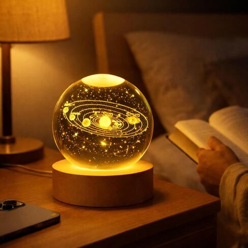 كرات كريستال ثلاثية الأبعاد للنظام الشمسي مع قاعدة إضاءة خشبية، مصباح زجاجي على شكل كوكب الكون ضوء ليلي، هدية مصباح ديكور لعيد الميلاد للبالغين والأطفال والأولاد والبنات والمراهقين in Kuwait