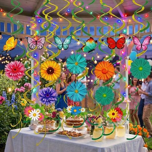 Spring Decor for Home - 49Pcs Hanging Flower Butterfly Hanging Swirls with Led Lights for Spring Summer Easter Flower Butterfly Themed Birthday Party Decorations (Flower) in Saudi Arabia
